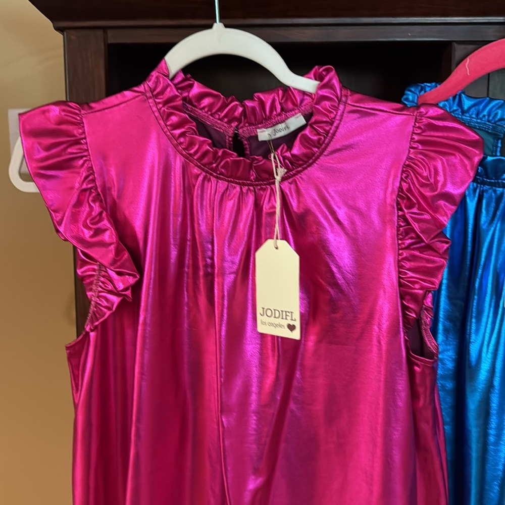 JODIFL Metallic Ruffle Dresses in Pink and Blue - Picture 3 of 8